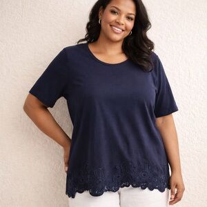 Chico's Navy Short Sleeve Top with Floral Hem NWT XL (size3)